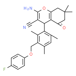 ChemSpider 2D Image | 2-Amino-4-{3-[(4-fluorophenoxy)methyl]-2,4,6-trimethylphenyl}-7,7-dimethyl-5-oxo-5,6,7,8-tetrahydro-4H-chromene-3-carbonitrile | C28H29FN2O3
