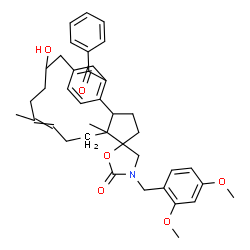 ChemSpider 2D Image | 17'-Benzoyl-3-(2,4-dimethoxybenzyl)-13'-hydroxy-6',10'-dimethyl-2H-spiro[1,3-oxazolidine-5,5'-tricyclo[13.2.2.0~2,6~]nonadeca[1(17),9,15,18]tetraen]-2-one | C39H45NO6