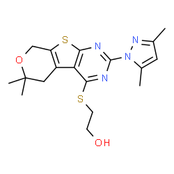 ChemSpider 2D Image | 2-{[2-(3,5-Dimethyl-1H-pyrazol-1-yl)-6,6-dimethyl-5,8-dihydro-6H-pyrano[4',3':4,5]thieno[2,3-d]pyrimidin-4-yl]sulfanyl}ethanol | C18H22N4O2S2