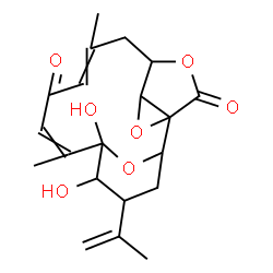 ChemSpider 2D Image | 5,6-Dihydroxy-4-isopropenyl-7,11-dimethyl-15,17,18-trioxatetracyclo[11.2.2.1~2,6~.0~1,14~]octadeca-7,10-diene-9,16-dione | C20H24O7