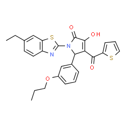 ChemSpider 2D Image | 1-(6-Ethyl-1,3-benzothiazol-2-yl)-3-hydroxy-5-(3-propoxyphenyl)-4-(2-thienylcarbonyl)-1,5-dihydro-2H-pyrrol-2-one | C27H24N2O4S2