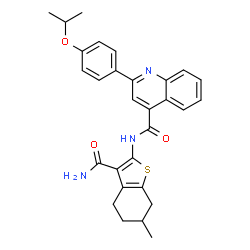 ChemSpider 2D Image | N-(3-Carbamoyl-6-methyl-4,5,6,7-tetrahydro-1-benzothiophen-2-yl)-2-(4-isopropoxyphenyl)-4-quinolinecarboxamide | C29H29N3O3S