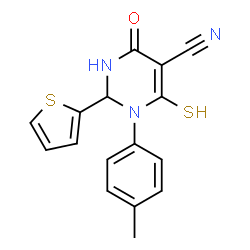 ChemSpider 2D Image | 1-(4-Methylphenyl)-4-oxo-6-sulfanyl-2-(2-thienyl)-1,2,3,4-tetrahydro-5-pyrimidinecarbonitrile | C16H13N3OS2
