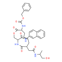 ChemSpider 2D Image | Benzyl [6-{2-[(1-hydroxy-2-propanyl)amino]-2-oxoethyl}-3-(2-naphthylcarbamoyl)-5,12-dioxo-1-oxa-4-azacyclododec-8-en-11-yl]carbamate | C34H38N4O8
