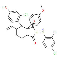 ChemSpider 2D Image | 4-(2-Chloro-4-hydroxyphenyl)-2-[(2,4-dichlorophenyl)amino]-3a-(4-methoxyphenyl)-5-vinyl-3a,4,7,7a-tetrahydro-1H-isoindole-1,3(2H)-dione | C29H23Cl3N2O4