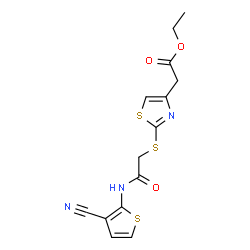 ChemSpider 2D Image | Ethyl [2-({2-[(3-cyano-2-thienyl)amino]-2-oxoethyl}sulfanyl)-1,3-thiazol-4-yl]acetate | C14H13N3O3S3