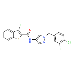 ChemSpider 2D Image | 3-Chloro-N-[1-(3,4-dichlorobenzyl)-1H-pyrazol-4-yl]-1-benzothiophene-2-carboxamide | C19H12Cl3N3OS