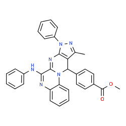 ChemSpider 2D Image | Methyl 4-(6-anilino-10-methyl-8-phenyl-8,11-dihydropyrazolo[3',4':4,5]pyrimido[1,2-a]quinoxalin-11-yl)benzoate | C33H26N6O2