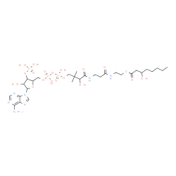 ChemSpider 2D Image | S-{1-[5-(6-Amino-9H-purin-9-yl)-4-hydroxy-3-(phosphonooxy)tetrahydro-2-furanyl]-3,5,9-trihydroxy-8,8-dimethyl-3,5-dioxido-10,14-dioxo-2,4,6-trioxa-11,15-diaza-3lambda~5~,5lambda~5~-diphosphaheptadecan
-17-yl} 3-hydroxyoctanethioate | C29H50N7O18P3S