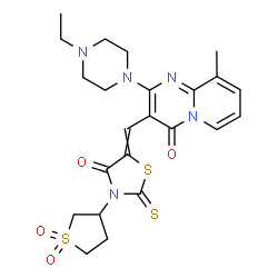 ChemSpider 2D Image | 3-{[3-(1,1-Dioxidotetrahydro-3-thiophenyl)-4-oxo-2-thioxo-1,3-thiazolidin-5-ylidene]methyl}-2-(4-ethyl-1-piperazinyl)-9-methyl-4H-pyrido[1,2-a]pyrimidin-4-one | C23H27N5O4S3