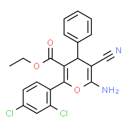 ChemSpider 2D Image | Ethyl 6-amino-5-cyano-2-(2,4-dichlorophenyl)-4-phenyl-4H-pyran-3-carboxylate | C21H16Cl2N2O3