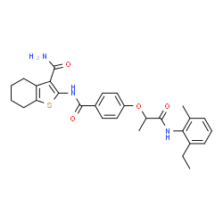 ChemSpider 2D Image | 2-{[4-({1-[(2-Ethyl-6-methylphenyl)amino]-1-oxo-2-propanyl}oxy)benzoyl]amino}-4,5,6,7-tetrahydro-1-benzothiophene-3-carboxamide | C28H31N3O4S