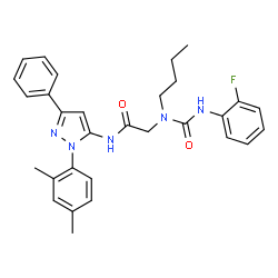 ChemSpider 2D Image | N~2~-Butyl-N-[1-(2,4-dimethylphenyl)-3-phenyl-1H-pyrazol-5-yl]-N~2~-[(2-fluorophenyl)carbamoyl]glycinamide | C30H32FN5O2