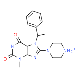 ChemSpider 2D Image | 4-[3-Methyl-2,6-dioxo-7-(1-phenylethyl)-2,3,6,7-tetrahydro-1H-purin-8-yl]piperazin-1-ium | C18H23N6O2