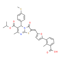 ChemSpider 2D Image | 3-(5-{[6-(Isopropoxycarbonyl)-7-methyl-5-[4-(methylsulfanyl)phenyl]-3-oxo-5H-[1,3]thiazolo[3,2-a]pyrimidin-2(3H)-ylidene]methyl}-2-furyl)-2-methylbenzoic acid | C31H28N2O6S2