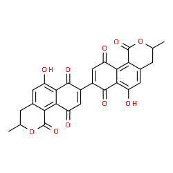 ChemSpider 2D Image | 6,6'-Dihydroxy-3,3'-dimethyl-3,3',4,4'-tetrahydro-1H,1'H-8,8'-bibenzo[h]isochromene-1,1',7,7',10,10'-hexone | C28H18O10