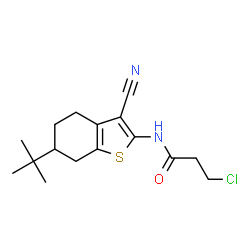 ChemSpider 2D Image | 3-Chloro-N-[3-cyano-6-(2-methyl-2-propanyl)-4,5,6,7-tetrahydro-1-benzothiophen-2-yl]propanamide | C16H21ClN2OS