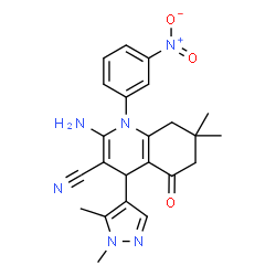 ChemSpider 2D Image | 2-Amino-4-(1,5-dimethyl-1H-pyrazol-4-yl)-7,7-dimethyl-1-(3-nitrophenyl)-5-oxo-1,4,5,6,7,8-hexahydro-3-quinolinecarbonitrile | C23H24N6O3