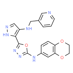ChemSpider 2D Image | N-(2,3-Dihydro-1,4-benzodioxin-6-yl)-5-{4-[(3-pyridinylmethyl)amino]-1H-pyrazol-5-yl}-1,3,4-oxadiazol-2-amine | C19H17N7O3