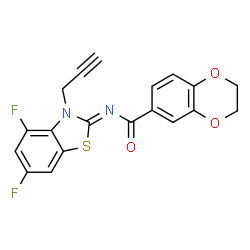 ChemSpider 2D Image | N-[(2Z)-4,6-Difluoro-3-(2-propyn-1-yl)-1,3-benzothiazol-2(3H)-ylidene]-2,3-dihydro-1,4-benzodioxine-6-carboxamide | C19H12F2N2O3S