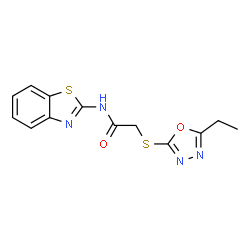 ChemSpider 2D Image | N-(1,3-Benzothiazol-2-yl)-2-[(5-ethyl-1,3,4-oxadiazol-2-yl)sulfanyl]acetamide | C13H12N4O2S2