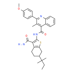 ChemSpider 2D Image | N-[3-Carbamoyl-6-(2-methyl-2-butanyl)-4,5,6,7-tetrahydro-1-benzothiophen-2-yl]-2-(4-methoxyphenyl)-3-methyl-4-quinolinecarboxamide | C32H35N3O3S
