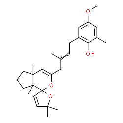ChemSpider 2D Image | 4-Methoxy-2-methyl-6-[3-methyl-4-(4a,5',5',7a-tetramethyl-5,6,7,7a-tetrahydro-4aH,5'H-spiro[cyclopenta[c]pyran-1,2'-furan]-3-yl)-2-buten-1-yl]phenol | C28H38O4