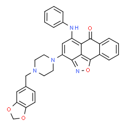 ChemSpider 2D Image | 5-Anilino-3-[4-(1,3-benzodioxol-5-ylmethyl)-1-piperazinyl]-6H-anthra[1,9-cd][1,2]oxazol-6-one | C32H26N4O4