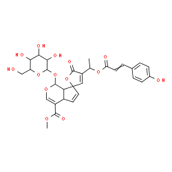 ChemSpider 2D Image | Methyl 1-(hexopyranosyloxy)-4'-(1-{[3-(4-hydroxyphenyl)acryloyl]oxy}ethyl)-5'-oxo-4a,7a-dihydro-1H,5'H-spiro[cyclopenta[c]pyran-7,2'-furan]-4-carboxylate | C30H32O14