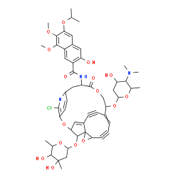 ChemSpider 2D Image | N-(6-Chloro-24-[(2,6-dideoxy-3-C-methylhexopyranosyl)oxy]-11-oxo-14-{[2,4,6-trideoxy-4-(dimethylamino)hexopyranosyl]oxy}-4,12,20-trioxa-7-azapentacyclo[13.6.2.2~5,8~.1~3,21~.0~19,21~]hexacosa-1,5,7,15
,25-pentaene-17,22-diyn-10-yl)-3-hydroxy-6-isopropoxy-7,8-dimethoxy-2-naphthamide | C53H60ClN3O16