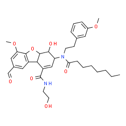 ChemSpider 2D Image | 8-Formyl-4-hydroxy-N-(2-hydroxyethyl)-6-methoxy-3-{[2-(3-methoxyphenyl)ethyl](octanoyl)amino}-3,4,4a,9b-tetrahydrodibenzo[b,d]furan-1-carboxamide | C34H44N2O8