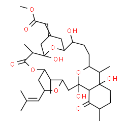 ChemSpider 2D Image | Methyl [1,11,16,21-tetrahydroxy-10,20,24,29-tetramethyl-5-(2-methyl-1-propen-1-yl)-9,25-dioxo-4,8,27,28-tetraoxapentacyclo[17.7.1.1~3,7~.1~11,15~.0~21,26~]nonacos-13-ylidene]acetate | C36H54O12