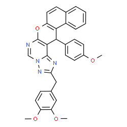 ChemSpider 2D Image | 2-(3,4-Dimethoxybenzyl)-14-(4-methoxyphenyl)-14H-benzo[5,6]chromeno[3,2-e][1,2,4]triazolo[1,5-c]pyrimidine | C32H26N4O4