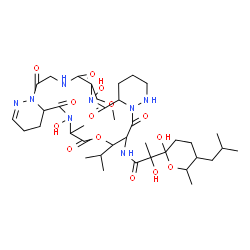ChemSpider 2D Image | N-[6,18-Dihydroxy-22-isopropyl-7-(methoxymethyl)-19-methyl-5,8,11,17,20,24-hexaoxo-1,2,3,4,4a,5,6,7,8,9,10,11,16,16a,17,18,19,20,23,24-icosahydro-15H,22H-dipyridazino[6,1-f:6',1'-o][1,4,7,10,13,16]oxa
pentaazacyclononadecin-23-yl]-2-hydroxy-2-(2-hydroxy-5-isobutyl-6-methyltetrahydro-2H-pyran-2-yl)propanamide | C38H62N8O14