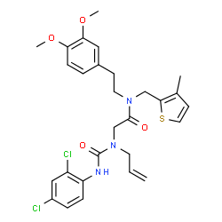 ChemSpider 2D Image | N~2~-Allyl-N~2~-[(2,4-dichlorophenyl)carbamoyl]-N-[2-(3,4-dimethoxyphenyl)ethyl]-N-[(3-methyl-2-thienyl)methyl]glycinamide | C28H31Cl2N3O4S
