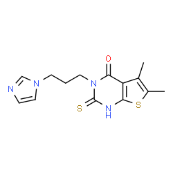 ChemSpider 2D Image | thieno[2,3-d]pyrimidin-4(3H)-one, 3-[3-(1H-imidazol-1-yl)propyl]-2-mercapto-5,6-dimethyl- | C14H16N4OS2