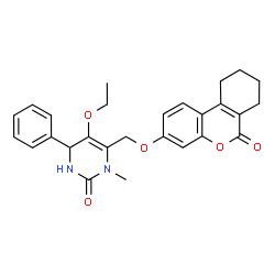 ChemSpider 2D Image | 5-Ethoxy-1-methyl-6-{[(6-oxo-7,8,9,10-tetrahydro-6H-benzo[c]chromen-3-yl)oxy]methyl}-4-phenyl-3,4-dihydro-2(1H)-pyrimidinone | C27H28N2O5