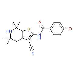 ChemSpider 2D Image | 4-Bromo-N-(3-cyano-5,5,7,7-tetramethyl-4,5,6,7-tetrahydrothieno[2,3-c]pyridin-2-yl)benzamide | C19H20BrN3OS