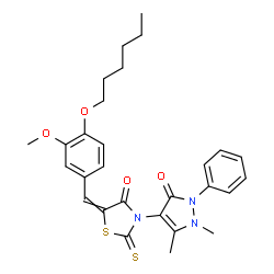 ChemSpider 2D Image | 3-(1,5-Dimethyl-3-oxo-2-phenyl-2,3-dihydro-1H-pyrazol-4-yl)-5-[4-(hexyloxy)-3-methoxybenzylidene]-2-thioxo-1,3-thiazolidin-4-one | C28H31N3O4S2