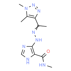 ChemSpider 2D Image | 4-{2-[1-(1,5-Dimethyl-1H-1,2,3-triazol-4-yl)ethylidene]hydrazino}-N-methyl-1H-imidazole-5-carboxamide | C11H16N8O