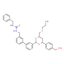 ChemSpider 2D Image | 1-Benzyl-3-{[3'-(4-{[(2-hydroxyethyl)sulfanyl]methyl}-6-[4-(hydroxymethyl)phenyl]-1,3-dioxan-2-yl)-3-biphenylyl]methyl}urea | C35H38N2O5S