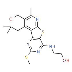 ChemSpider 2D Image | 2-{[2,2,5-Trimethyl-10-(methylsulfanyl)-1,4-dihydro-2H-pyrano[4'',3'':4',5']pyrido[3',2':4,5]thieno[3,2-d]pyrimidin-8-yl]amino}ethanol | C18H22N4O2S2