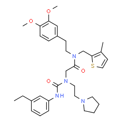 ChemSpider 2D Image | N-[2-(3,4-Dimethoxyphenyl)ethyl]-N~2~-[(3-ethylphenyl)carbamoyl]-N-[(3-methyl-2-thienyl)methyl]-N~2~-[2-(1-pyrrolidinyl)ethyl]glycinamide | C33H44N4O4S