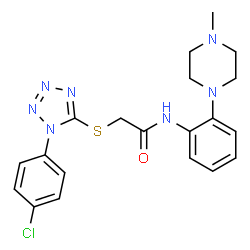 ChemSpider 2D Image | 2-{[1-(4-Chlorophenyl)-1H-tetrazol-5-yl]sulfanyl}-N-[2-(4-methyl-1-piperazinyl)phenyl]acetamide | C20H22ClN7OS