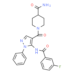 ChemSpider 2D Image | 1-({5-[(3-Fluorobenzoyl)amino]-1-phenyl-1H-pyrazol-4-yl}carbonyl)-4-piperidinecarboxamide | C23H22FN5O3