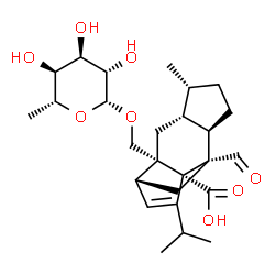 ChemSpider 2D Image | (1R,2S,4R,5R,8R,9S,11R)-2-{[(6-Deoxy-beta-D-altropyranosyl)oxy]methyl}-9-formyl-13-isopropyl-5-methyltetracyclo[7.4.0.0~2,11~.0~4,8~]tridec-12-ene-1-carboxylic acid | C26H38O8