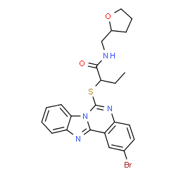 ChemSpider 2D Image | 2-[(2-Bromobenzimidazo[1,2-c]quinazolin-6-yl)sulfanyl]-N-(tetrahydro-2-furanylmethyl)butanamide | C23H23BrN4O2S