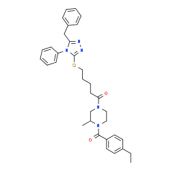 ChemSpider 2D Image | 5-[(5-Benzyl-4-phenyl-4H-1,2,4-triazol-3-yl)sulfanyl]-1-[4-(4-ethylbenzoyl)-3-methyl-1-piperazinyl]-1-pentanone | C34H39N5O2S