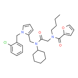 ChemSpider 2D Image | N-Butyl-N-{2-[{[1-(2-chlorobenzyl)-1H-pyrrol-2-yl]methyl}(cyclohexyl)amino]-2-oxoethyl}-2-furamide | C29H36ClN3O3