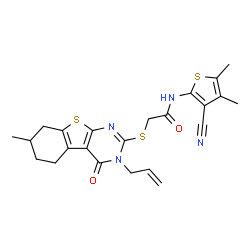 ChemSpider 2D Image | 2-[(3-Allyl-7-methyl-4-oxo-3,4,5,6,7,8-hexahydro[1]benzothieno[2,3-d]pyrimidin-2-yl)sulfanyl]-N-(3-cyano-4,5-dimethyl-2-thienyl)acetamide | C23H24N4O2S3
